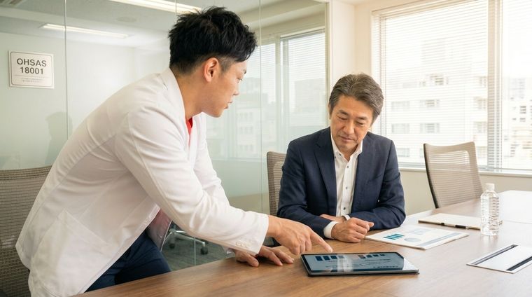 経営者に説明をしている様子