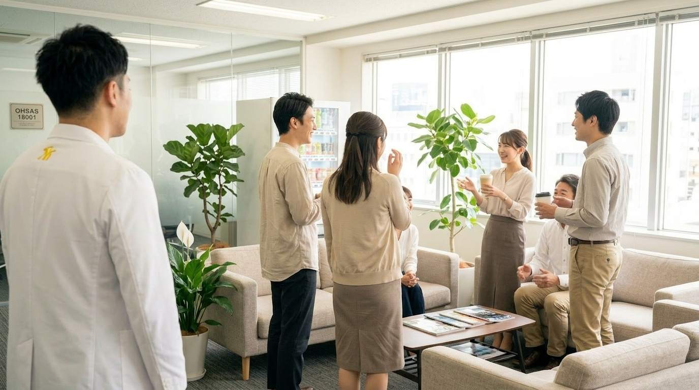 工場の事務所で打ち合わせをしている様子